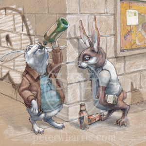 Rabbits Drinking on a Corner